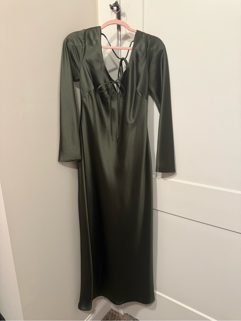 Gianni Bini Olive Green Satin Tie-Front Long Sleeve Maxi Dress